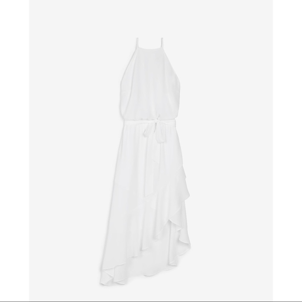 EXPRESS Asymmetrical Ruffle Wrap Midi Dress - Picture 16 of 16